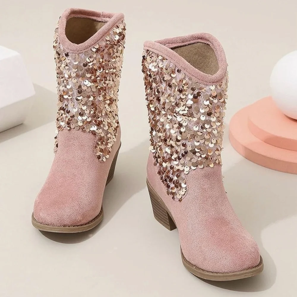 Girls Cowgirl Sequin Embellished Pink Ankle Boots